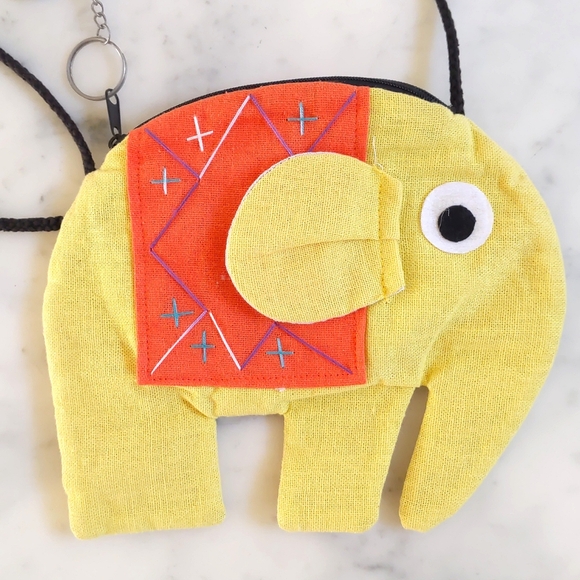 NWOT.Handmade Elephant Fabric Bag w/Embroidery,Zip,Lining,3D Elephant Key Charm. - Picture 3 of 5